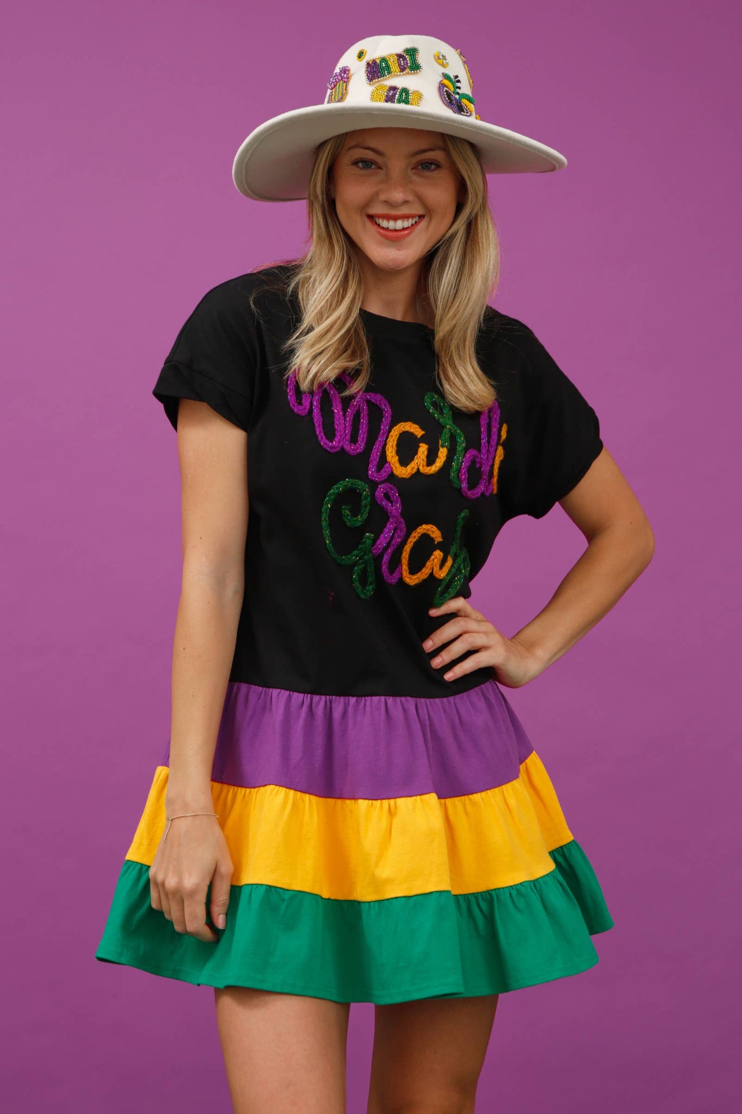 Color Block Mardi Gras Mini Dress - White Combo
