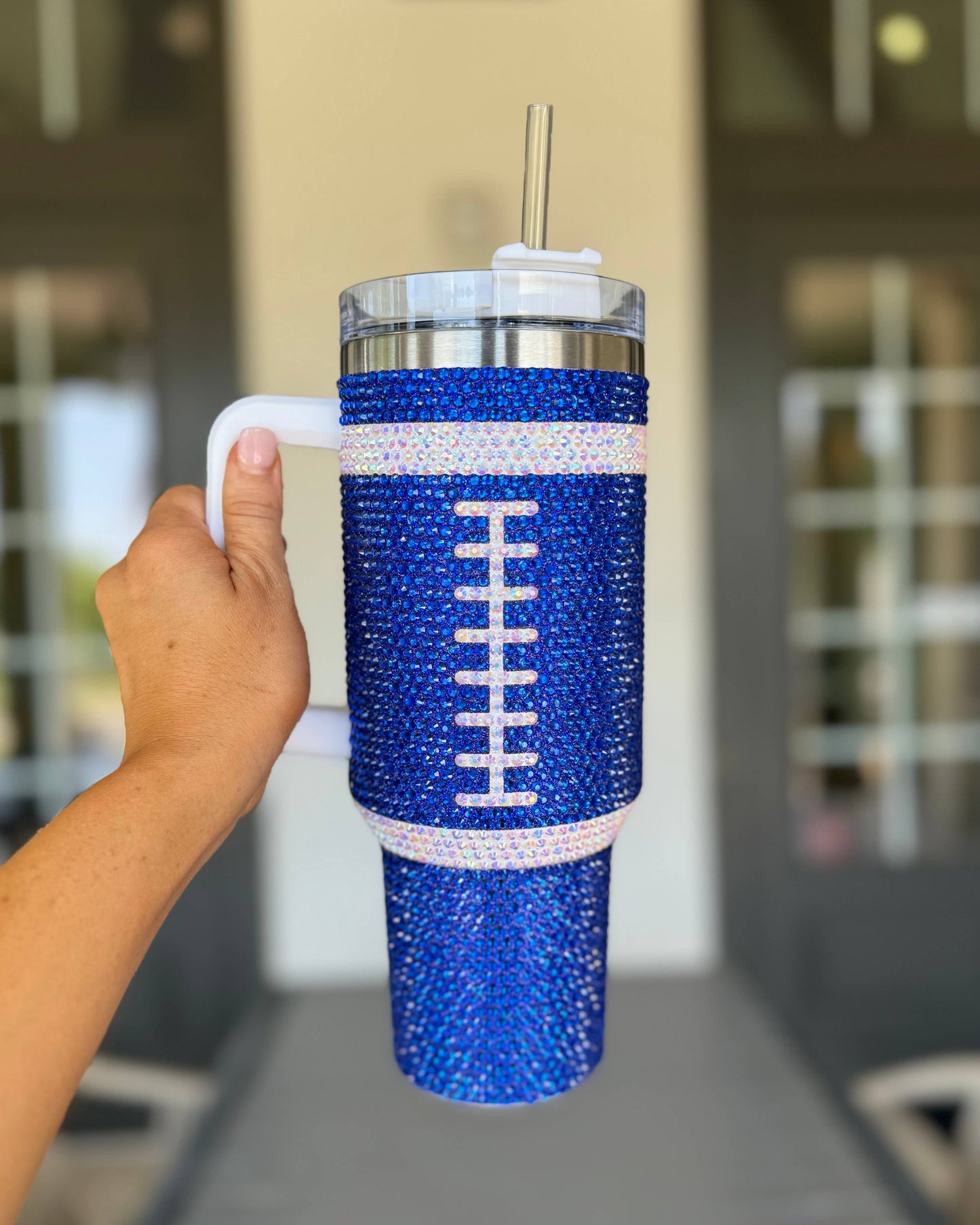 40 oz Crystal Blue Football Tumbler