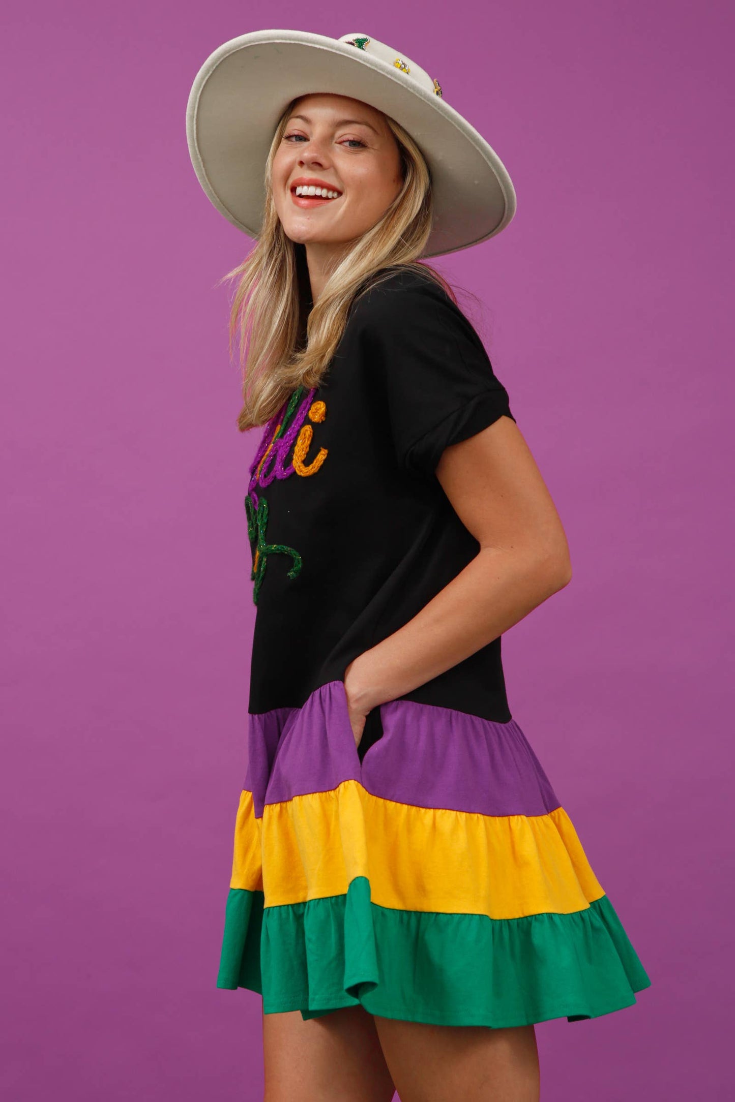 Color Block Mardi Gras Mini Dress - White Combo