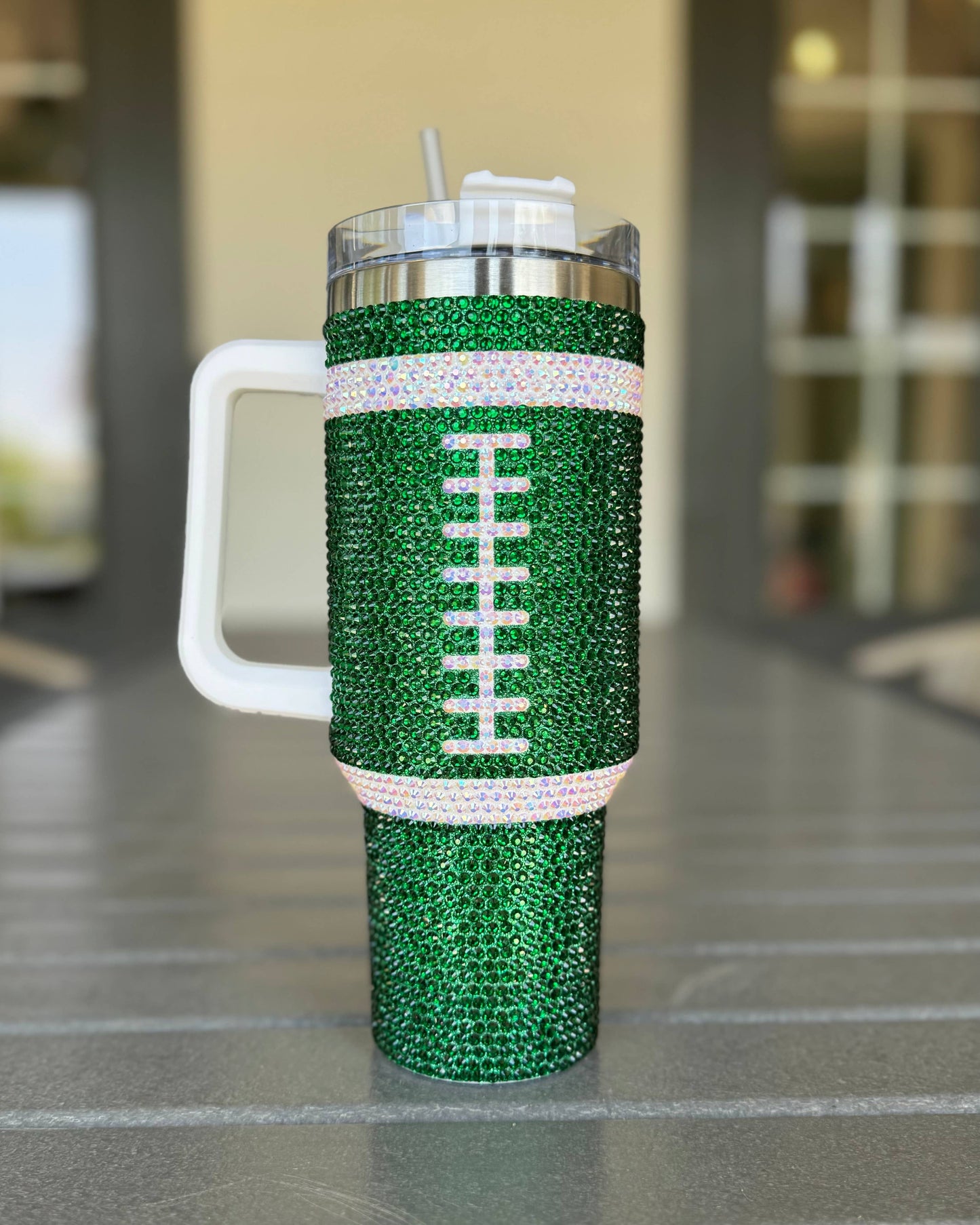 40 oz Crystal Green Football Tumbler