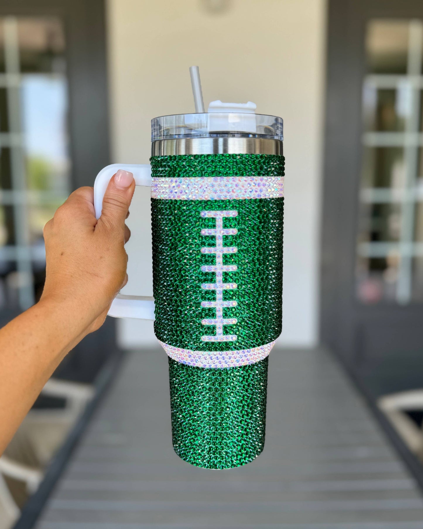 40 oz Crystal Green Football Tumbler