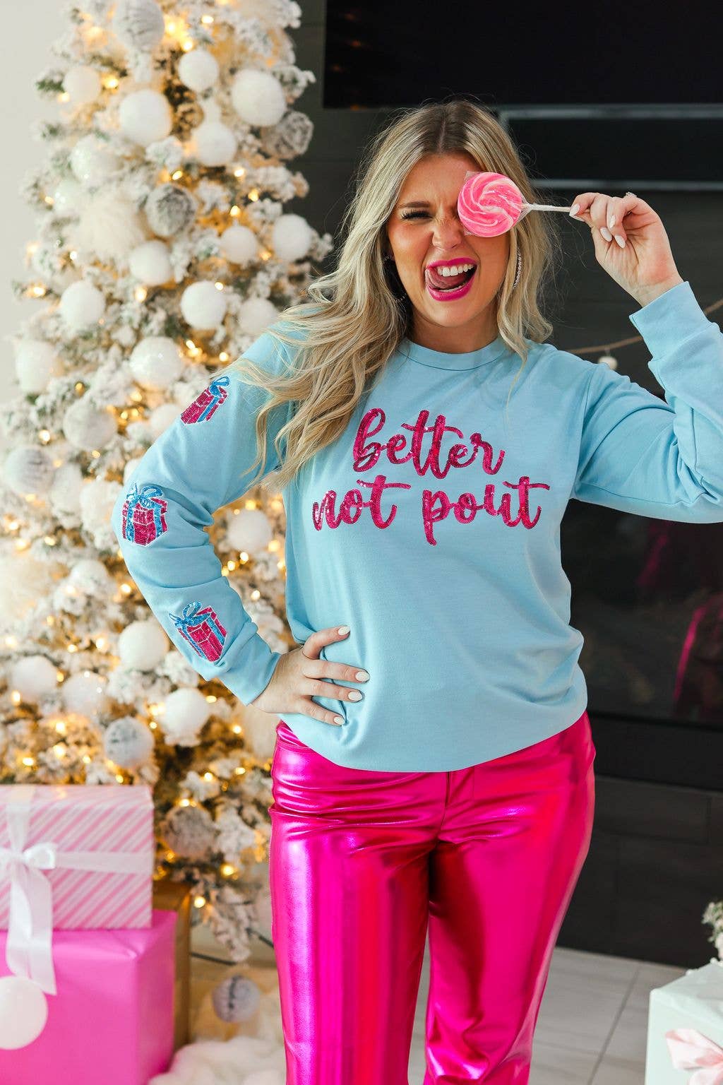 Better Not Pout Sequins Blue Sweater