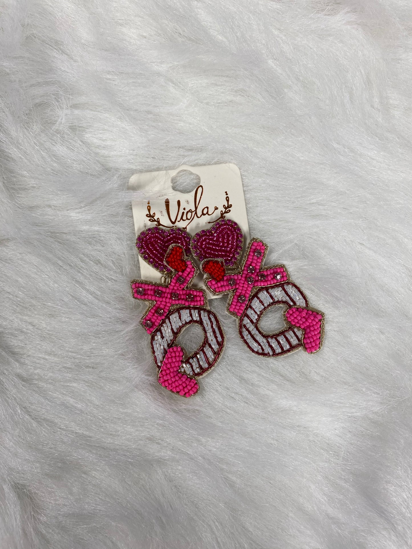 Viola Fuchsia Hearts 'XO' Seed Bead Earrings
