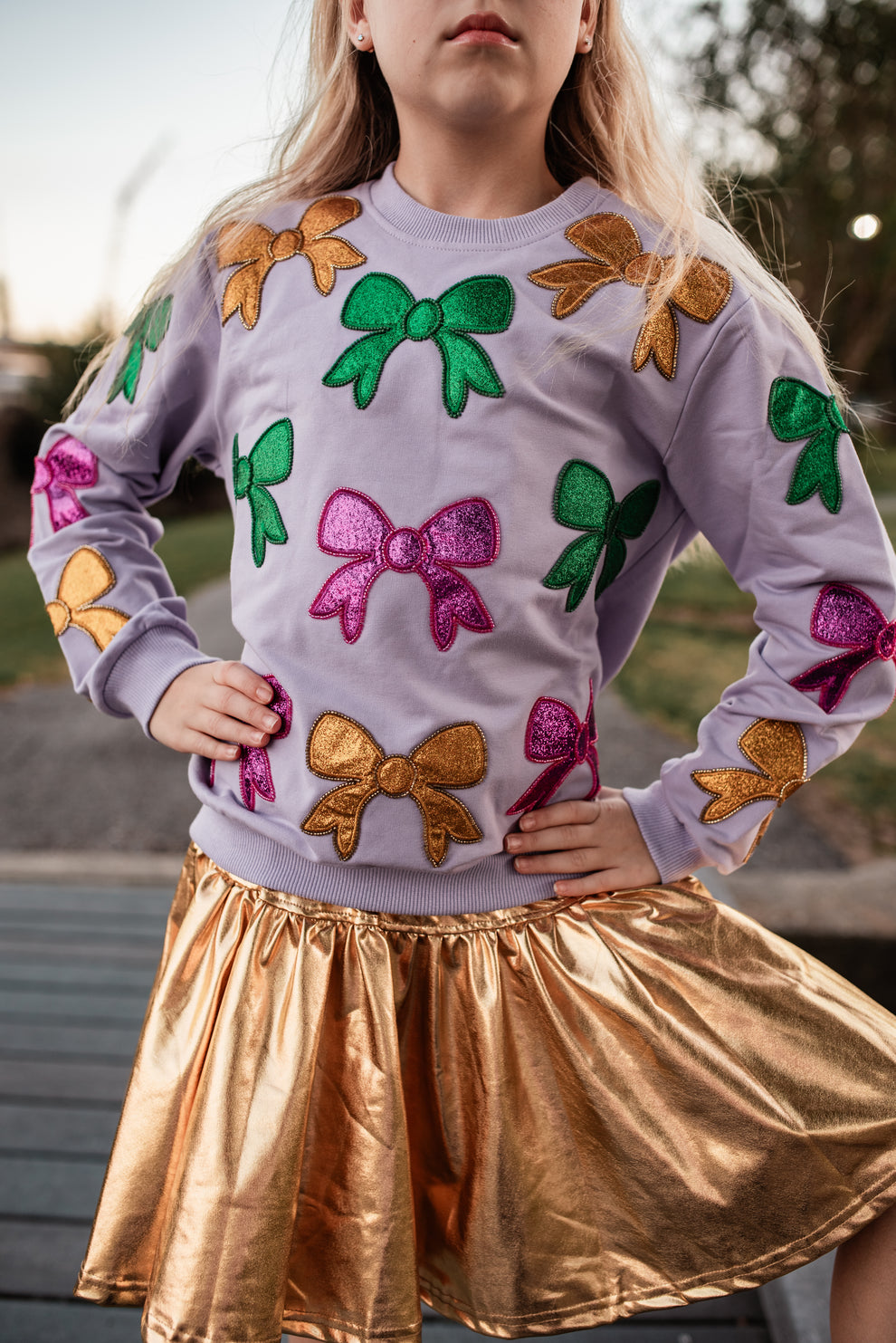 Mardi Gras Glitter Bow Sweater