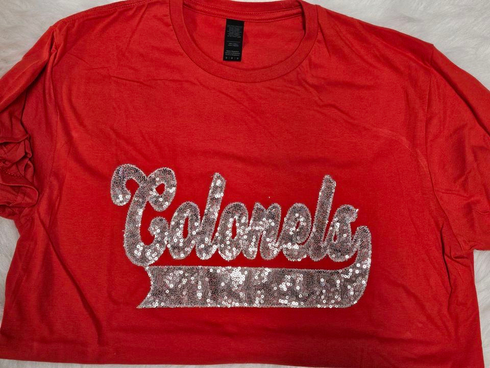 Colonels Silver School Spirit Wear with Real Sequins on Red Tee