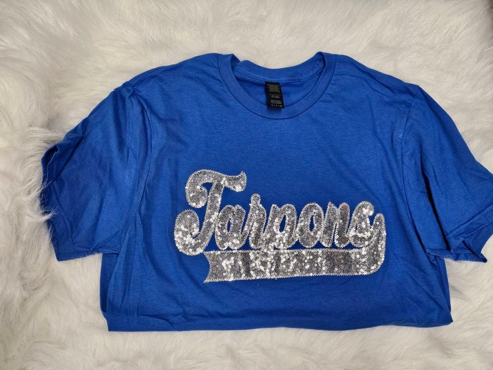Tarpons Silver School Spirit Wear with Real Sequins on Royal Blue Tee