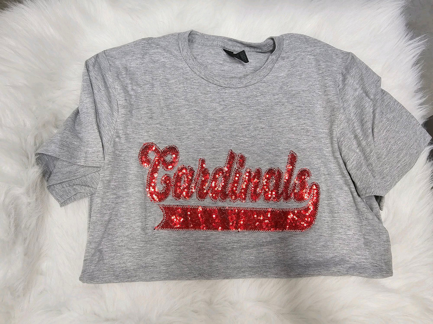 Cardinals Red School Spirit Wear with Real Sequins on Gray Tee