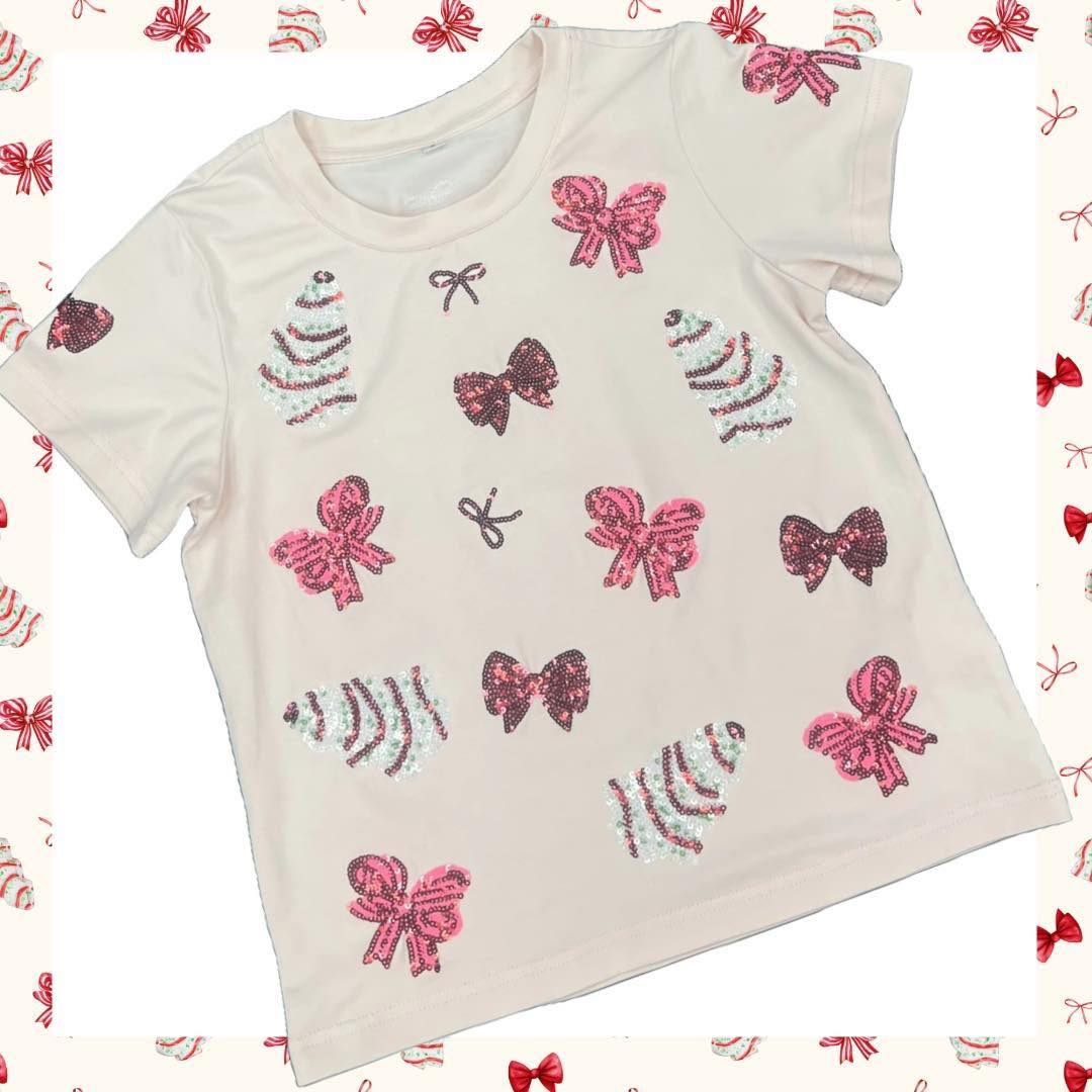 Light Pink Sequin Tree Cakes & Bows Tee Youth & Adult