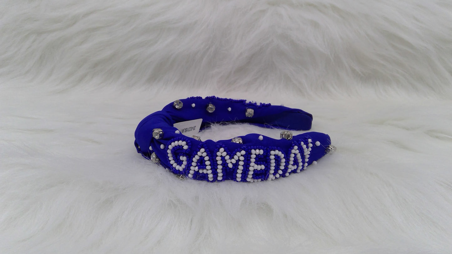 Royal Blue and White Gameday Seed Beaded Top Knot Headband