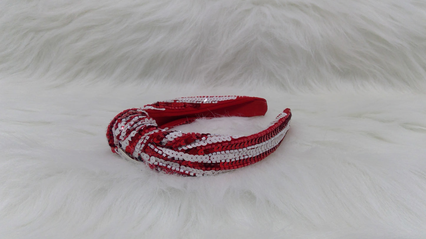 Red and White Sequin Striped Top Knot Headband