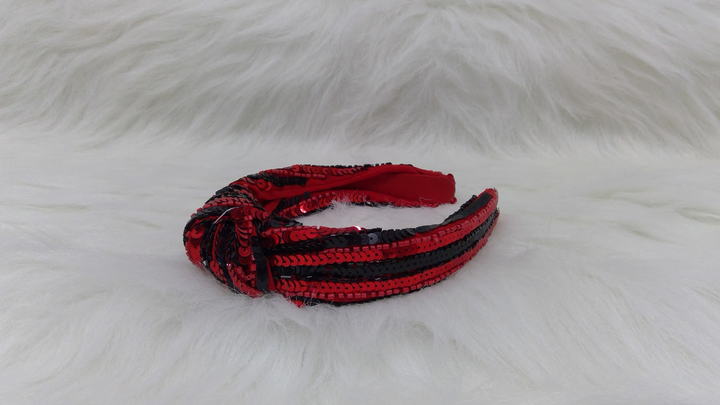 Red and Black Sequin Striped Top Knot Headband