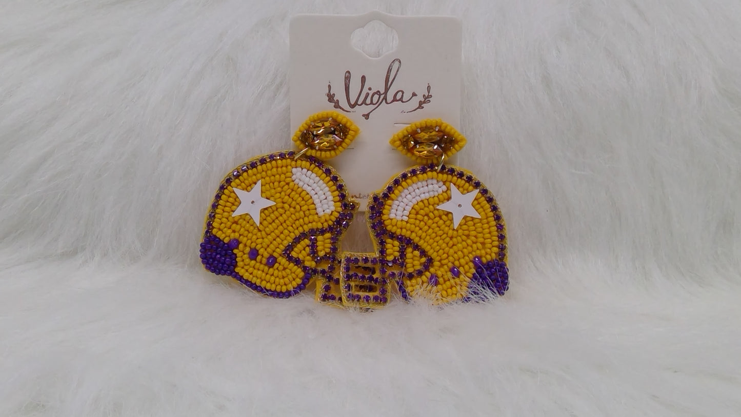 Gold and Purple Football Helmet Seed Beaded Earrings