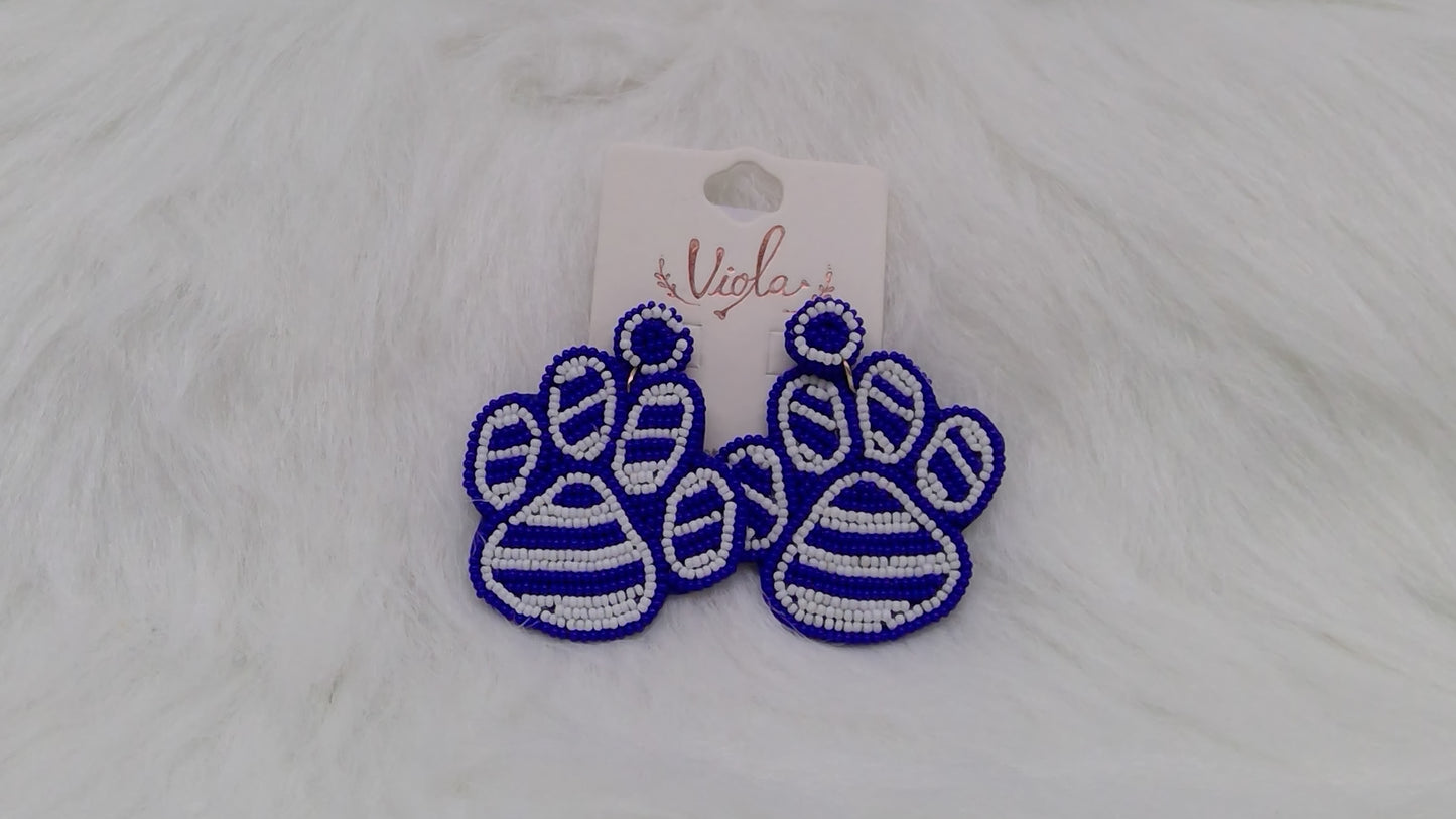 Royal Blue and White Big Paws Seed Beaded Earrings