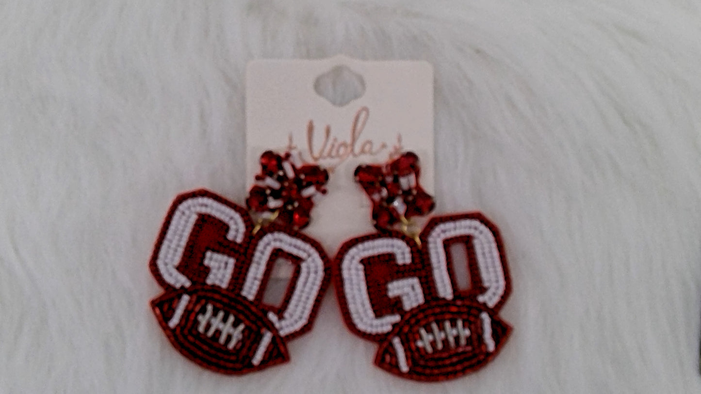 Red and White GO Seed Beaded Earrings