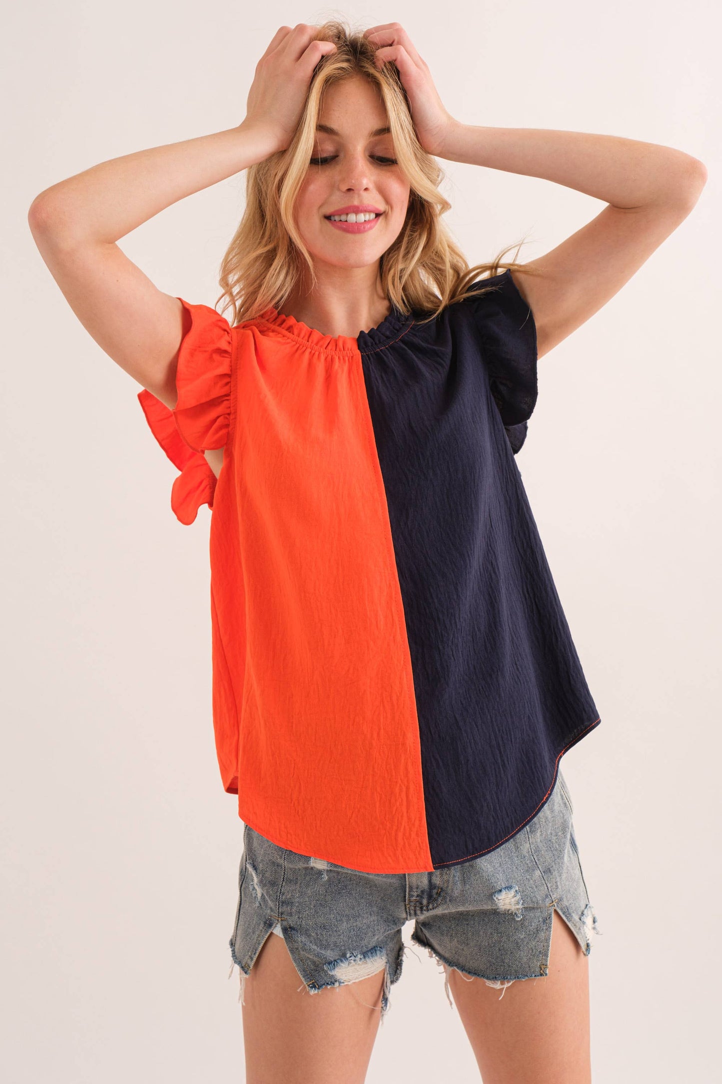 Game Day Ruffle Sleeveless Woven Blouse Top- Green/Pink