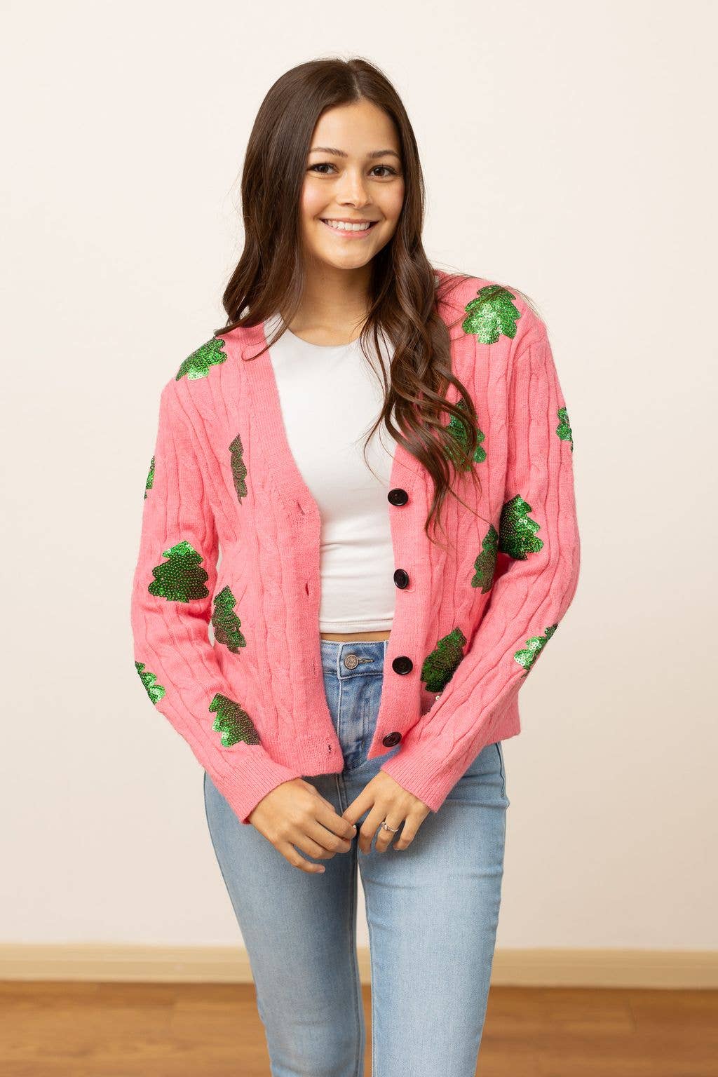 Sequin Pink Trees Cardigan