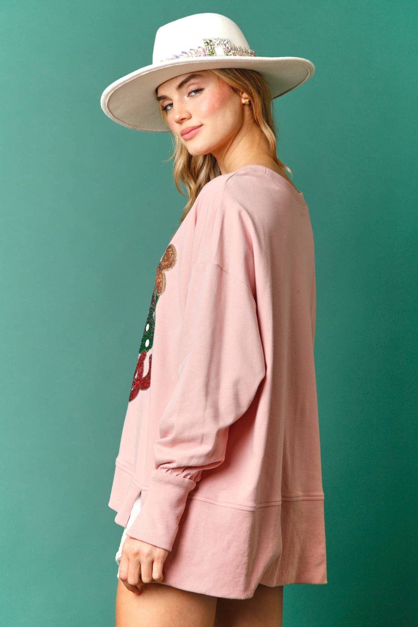 Cheers Hot Cocoa Sequin Sweatshirt- Dusty Peach