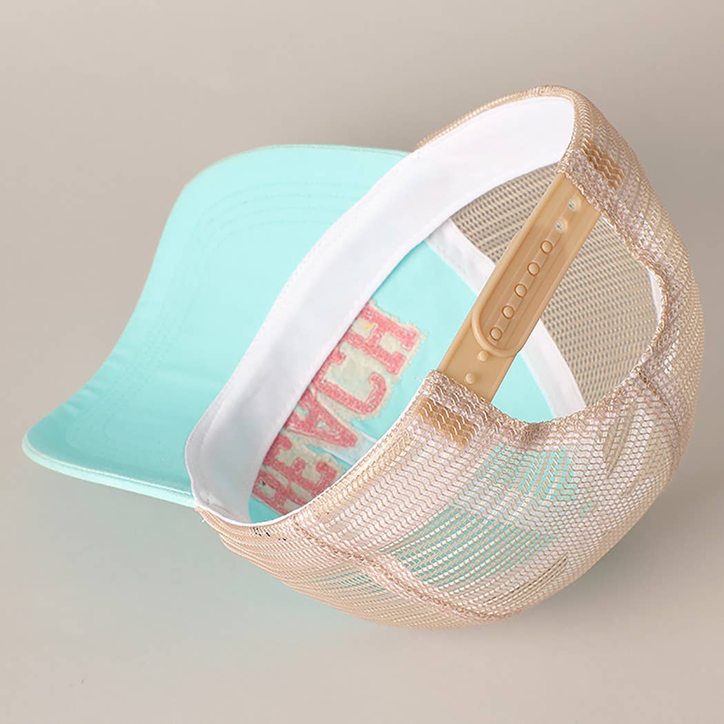 BEACH Chenille Letter Patch Mesh Back Baseball Cap- Mint