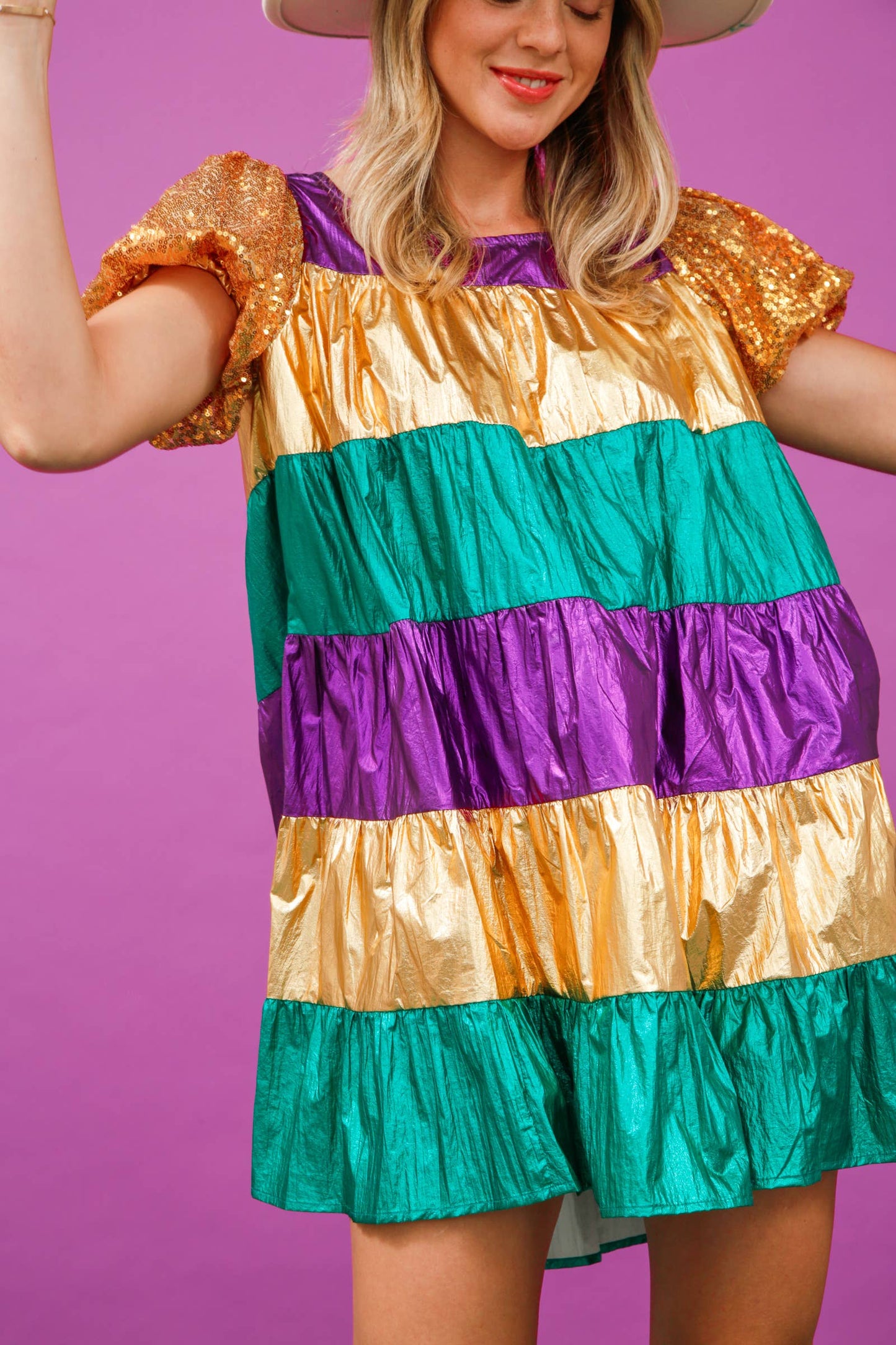 Sequin Sleeve Color Block Vinyl Dress