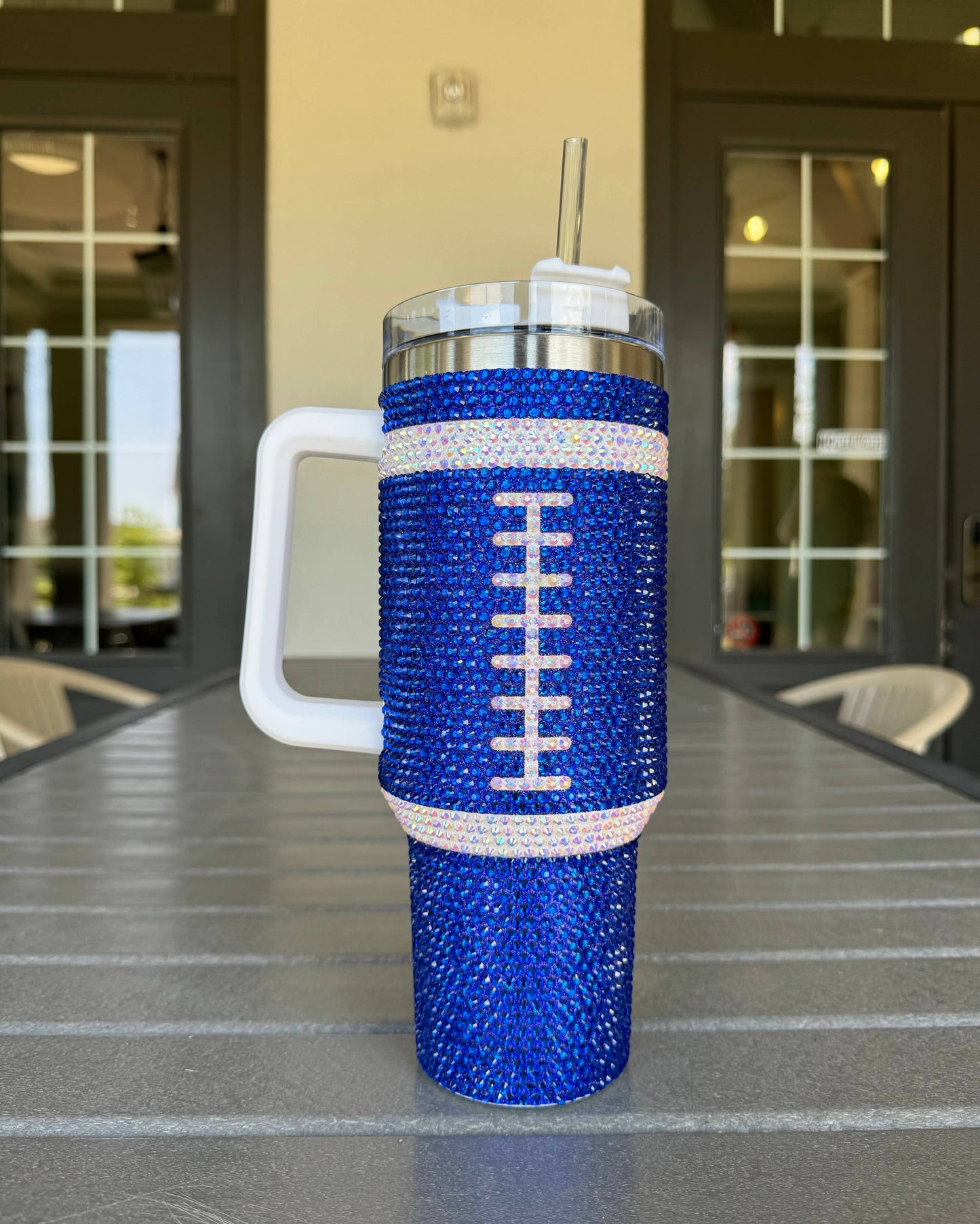 40 oz Crystal Blue Football Tumbler