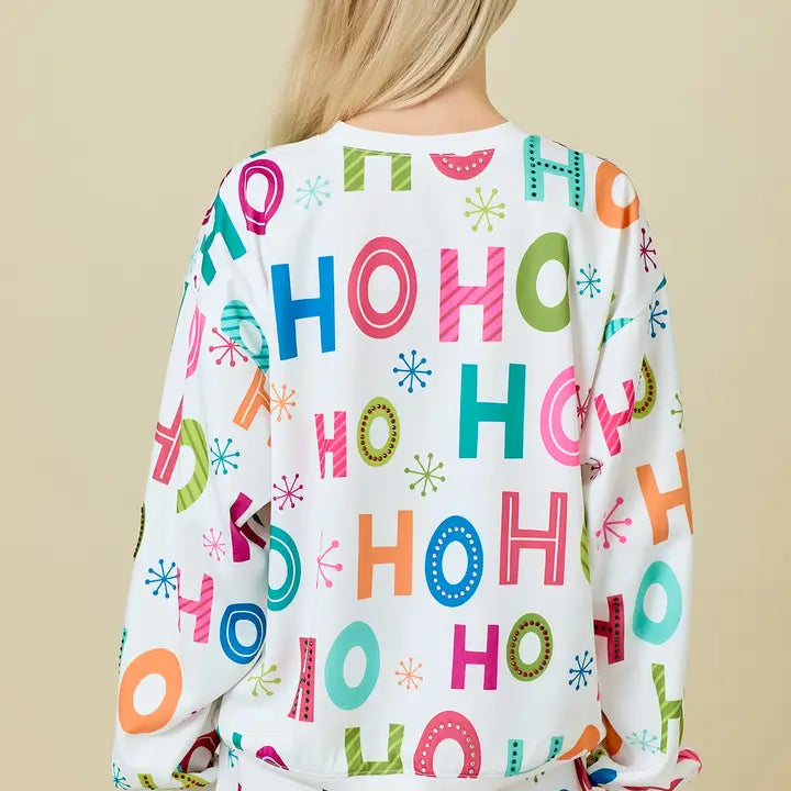 Holiday Printed Crewneck with Rhinestone- White