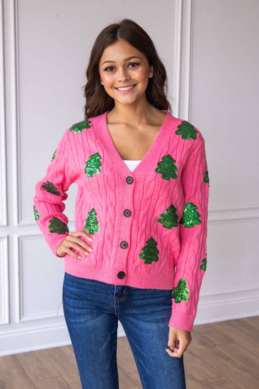 Sequin Pink Trees Cardigan