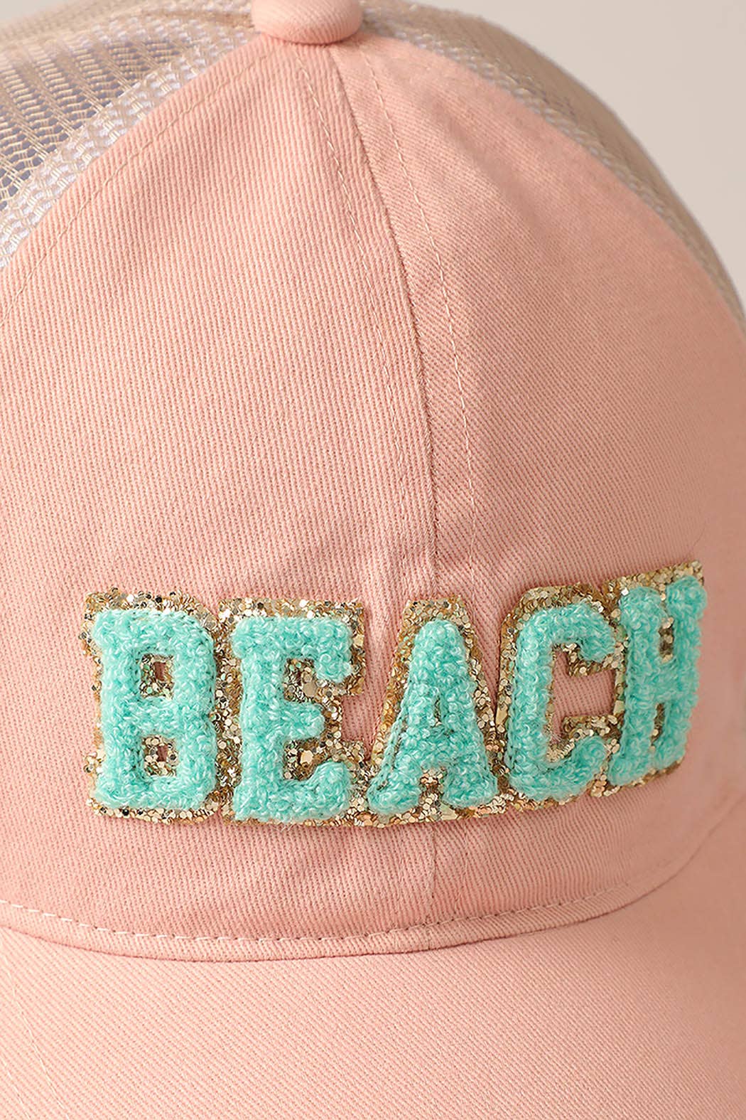 BEACH Chenille Letter Patch Mesh Back Baseball Cap- Mint
