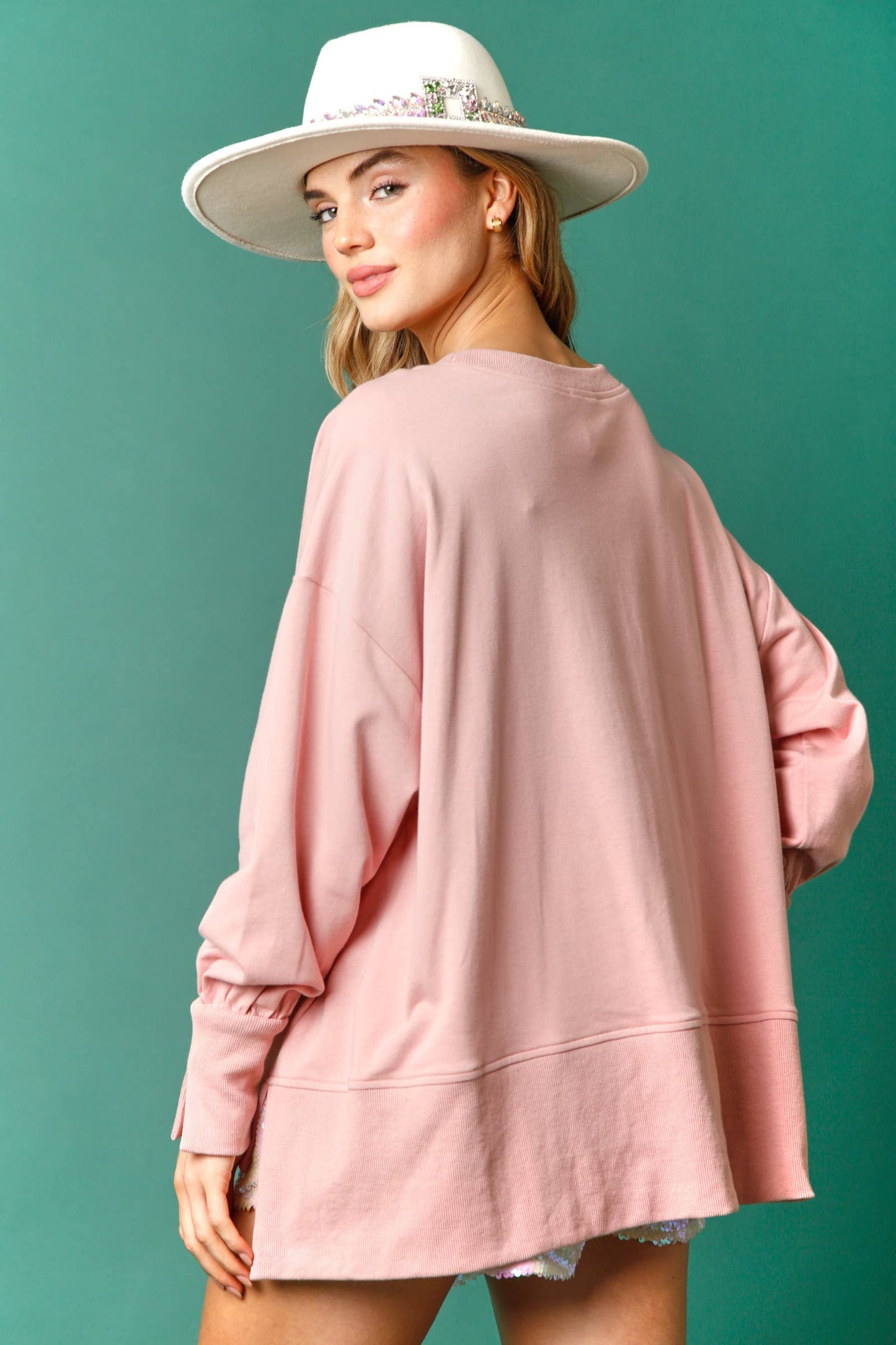 Cheers Hot Cocoa Sequin Sweatshirt- Dusty Peach