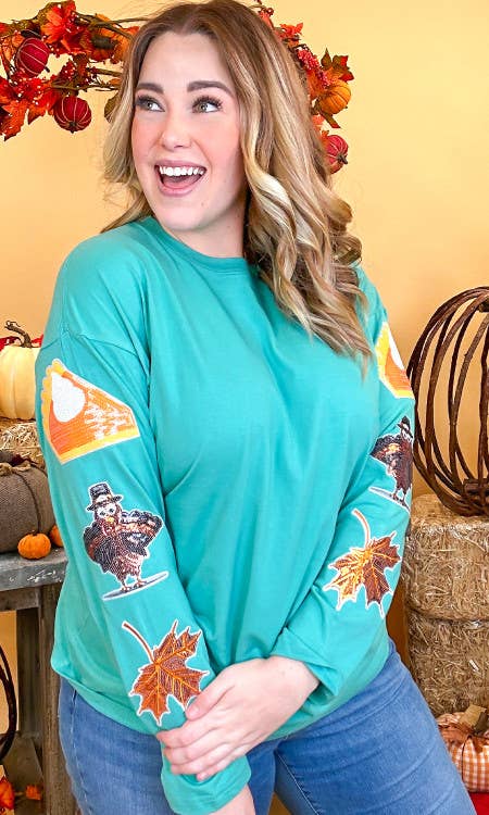 Thanksgiving Sparkle Sleeve Boyfriend Long Sleeve T-Shirt- Turquoise