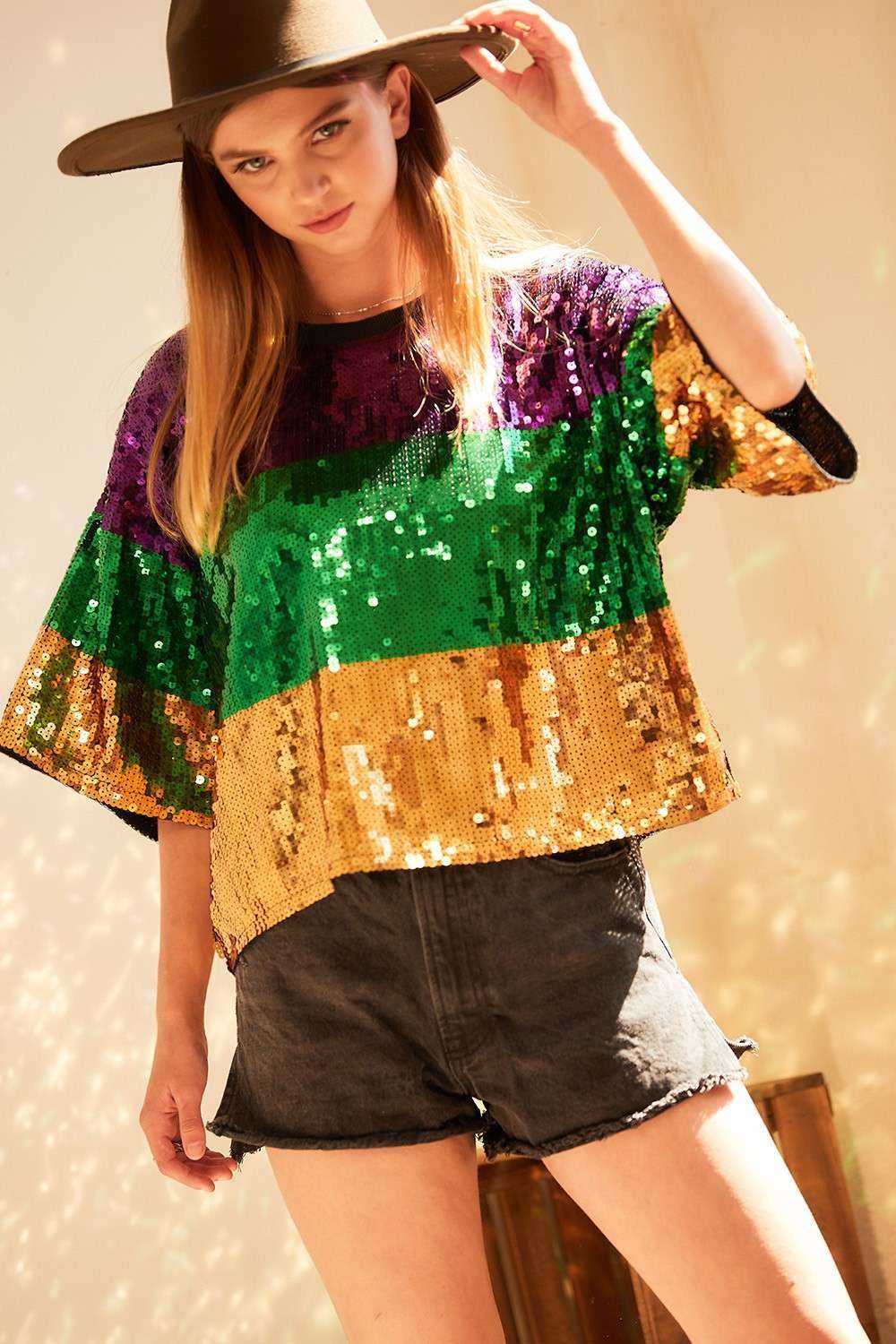 Mardi Gras Color Block Sequin Crop