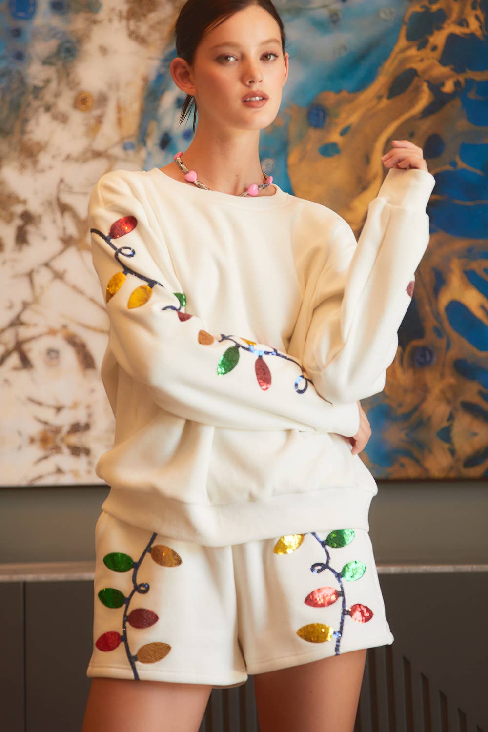 Christmas Light Sequin Embroider Fleece Sweater Top- White