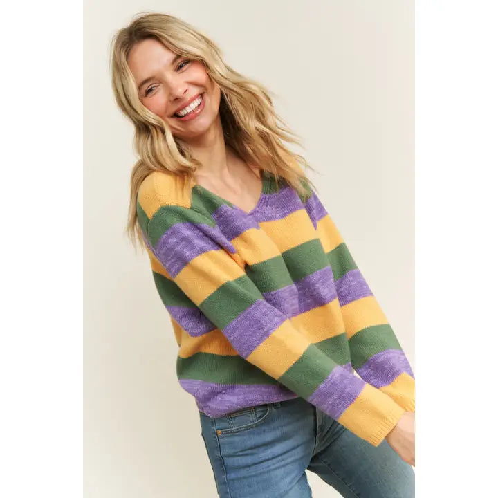 Mardi Gras Colorful Stripe Relaxed Fit Pullover Top