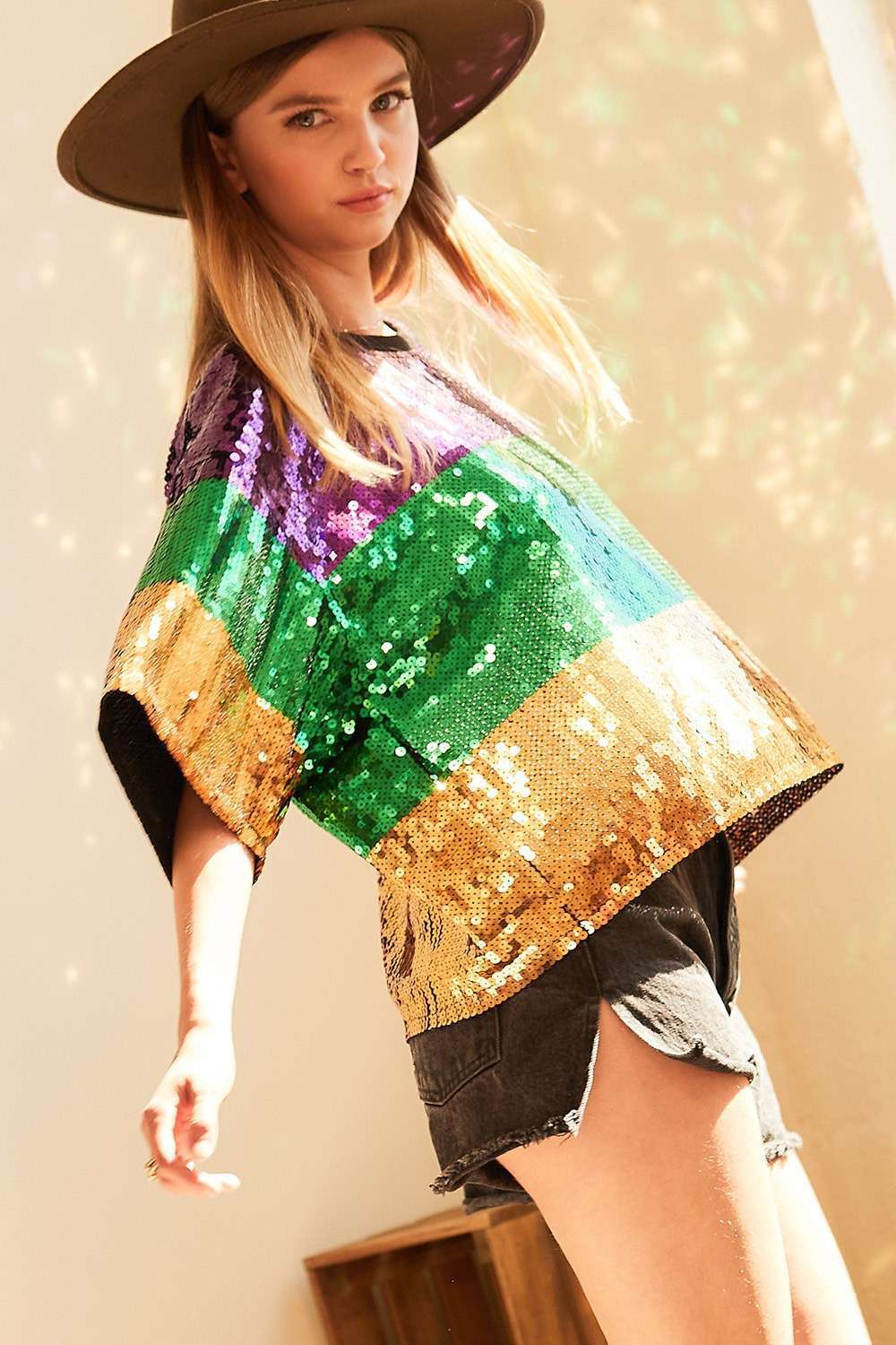 Mardi Gras Color Block Sequin Crop