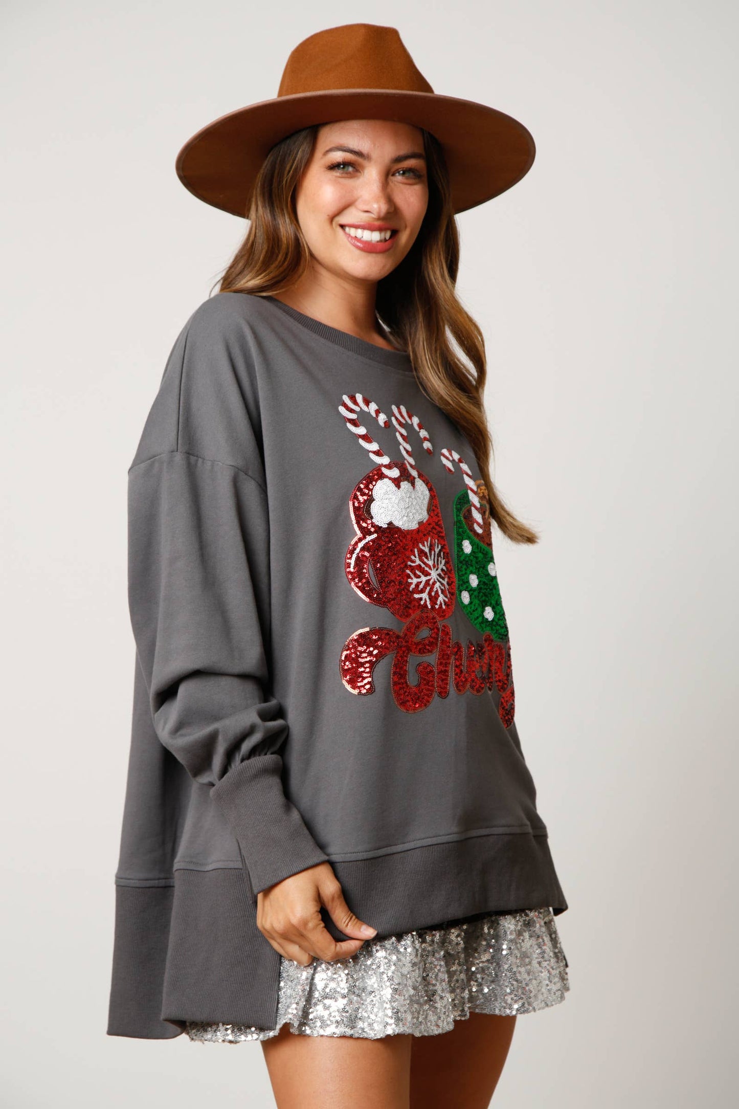 Cheers Hot Cocoa Sequin Sweatshirt- Dusty Peach