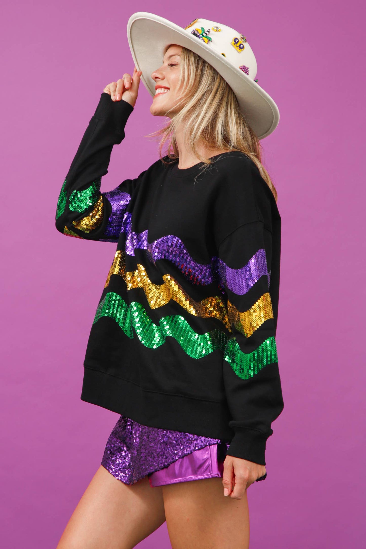 Mardi Gras Sequin Wave Pullover - Black