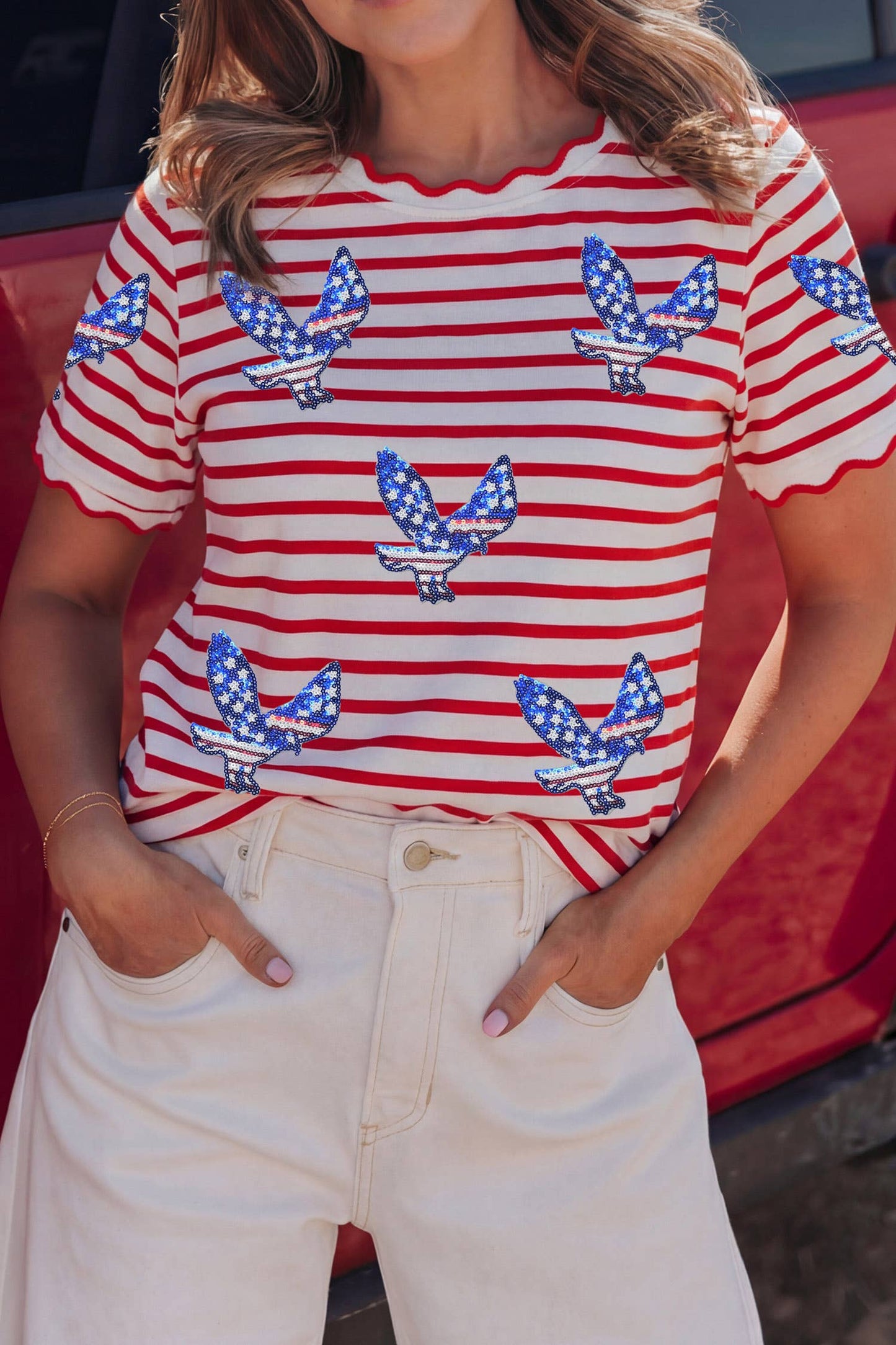 Scalloped Trim Round Neck Stripe Tee