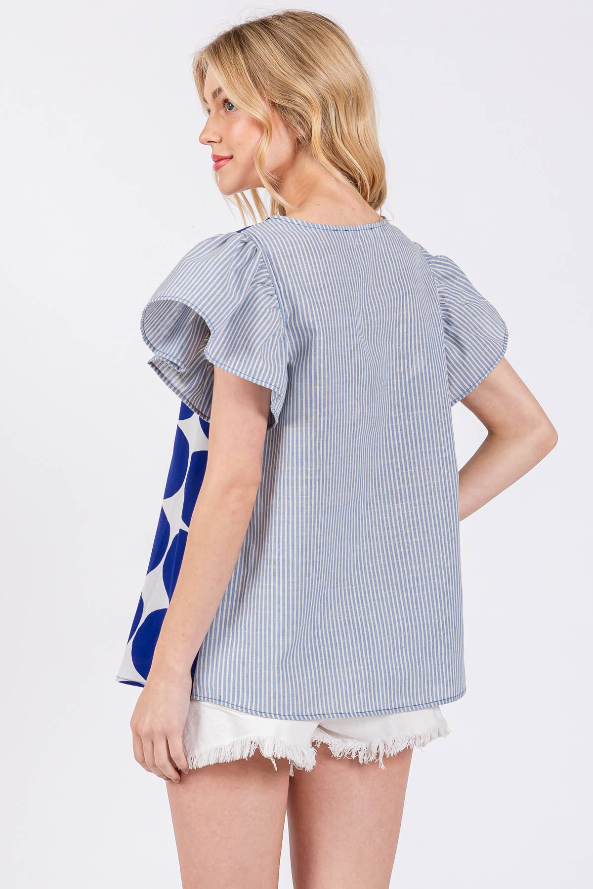 Contrast Polka Dot Blouse Top- Blue/ Royal Blue