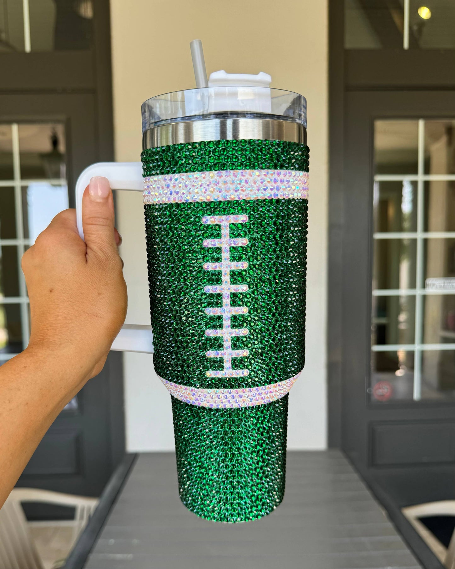 40 oz Crystal Green Football Tumbler