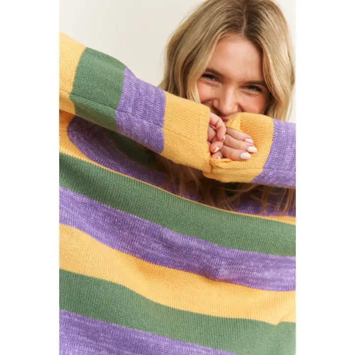 Mardi Gras Colorful Stripe Relaxed Fit Pullover Top