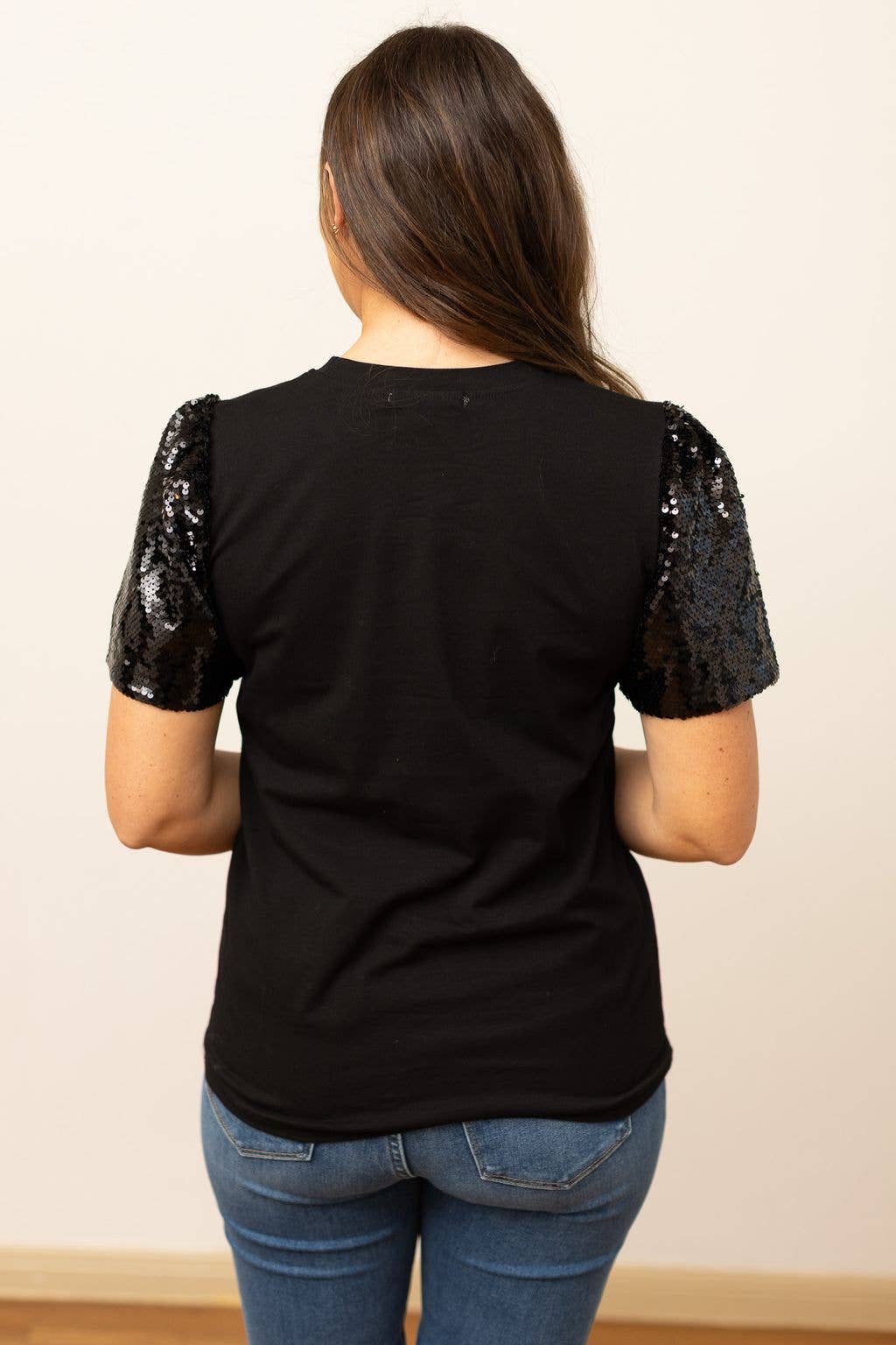 Halloween Bow on Black Top With Sequins Puff Sleeve- Black