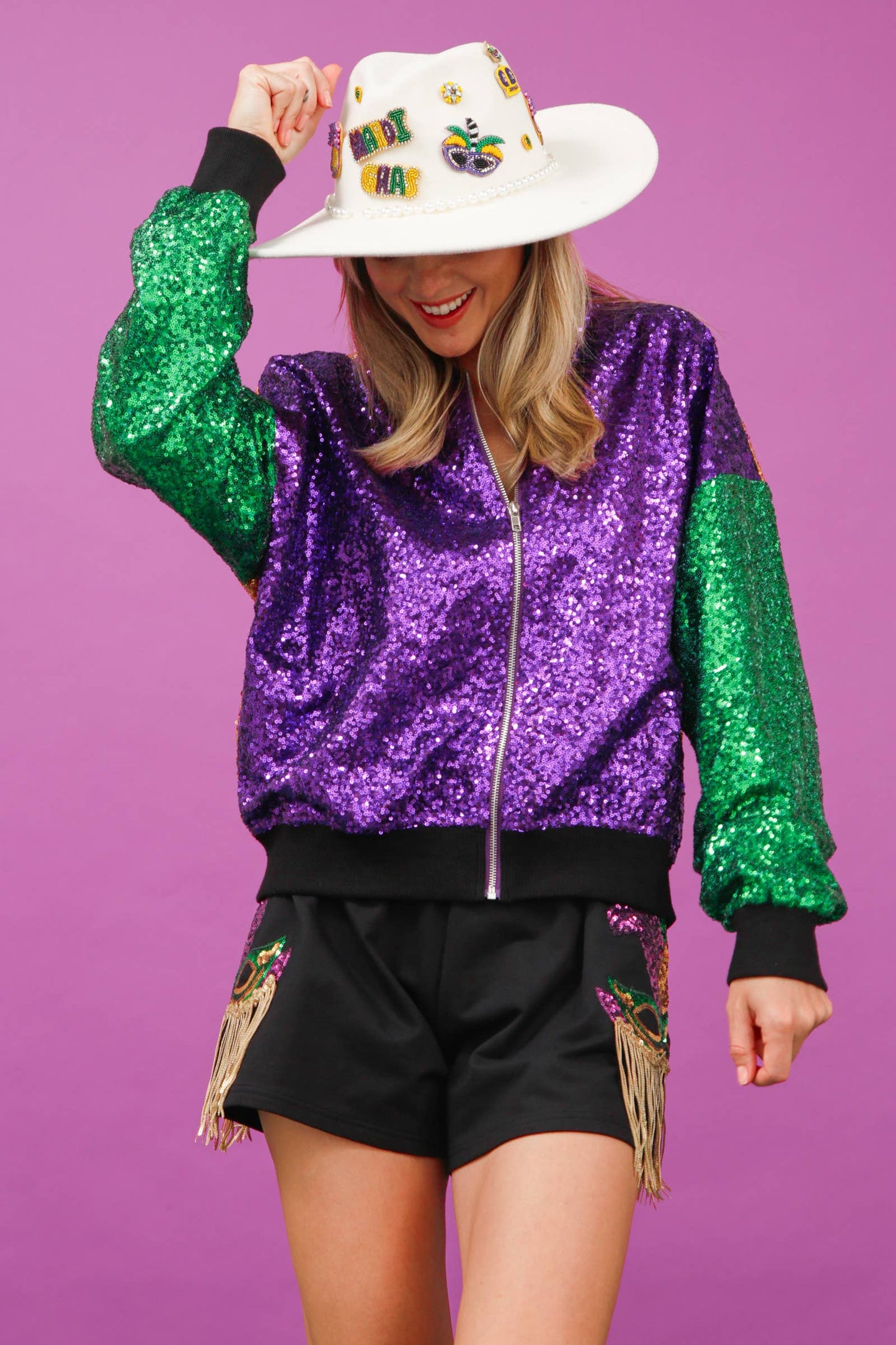 Sequin Color Block Bomber Jacket