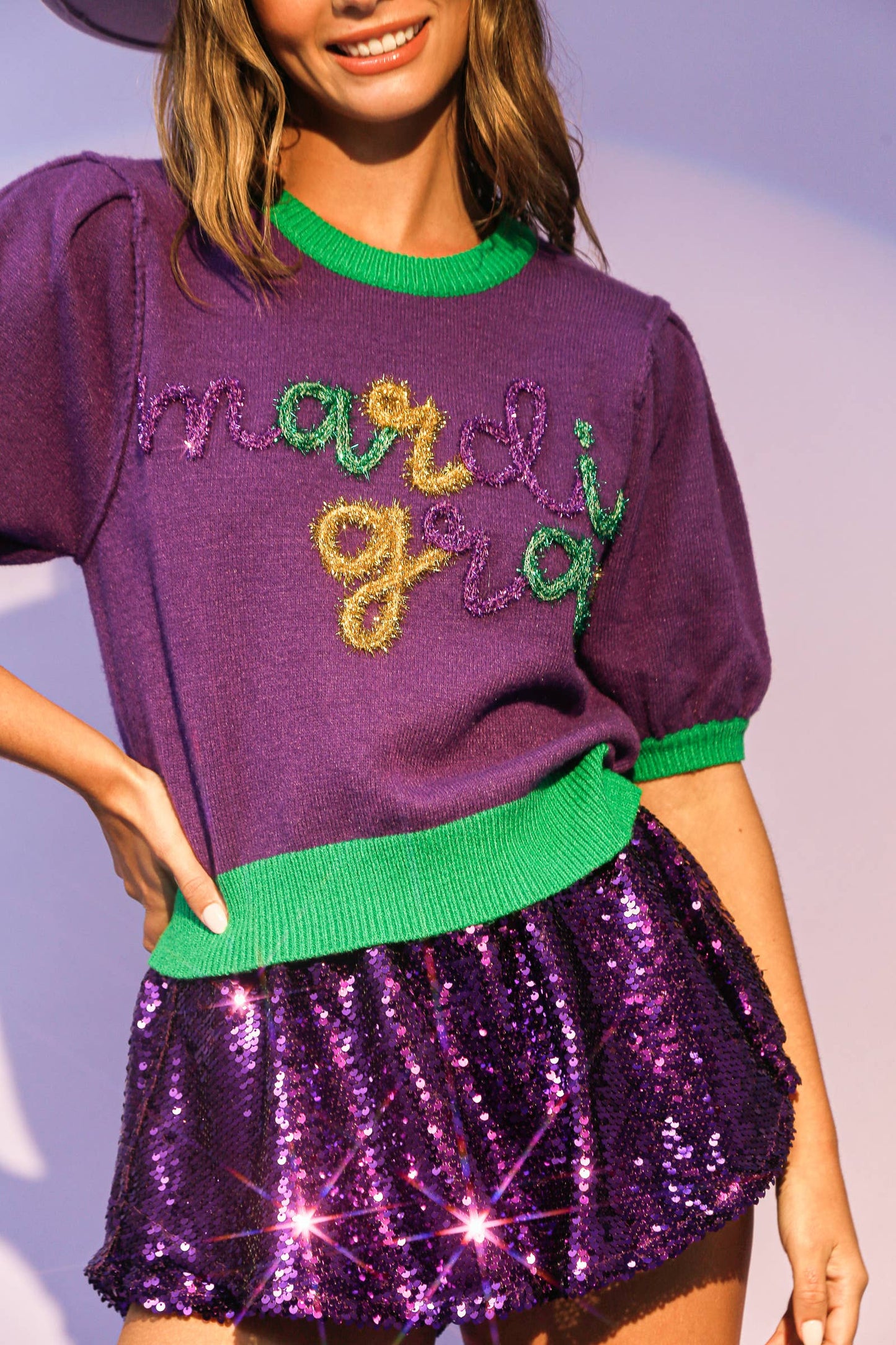 Mardi Gras Puff Sleeve Sweater Top- Purple/ Green