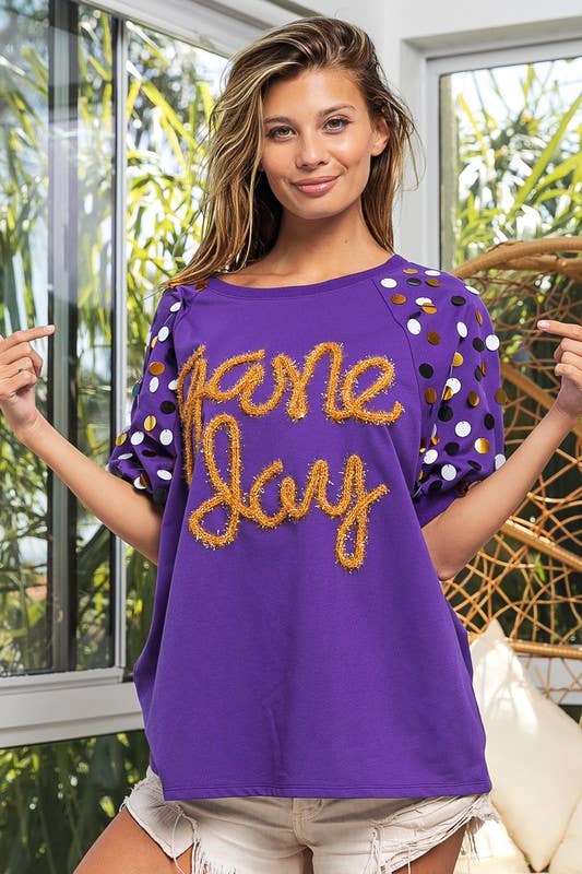 Game Day Metallic Letter Spangle Short Sleeve Sweater- Purple & Gold