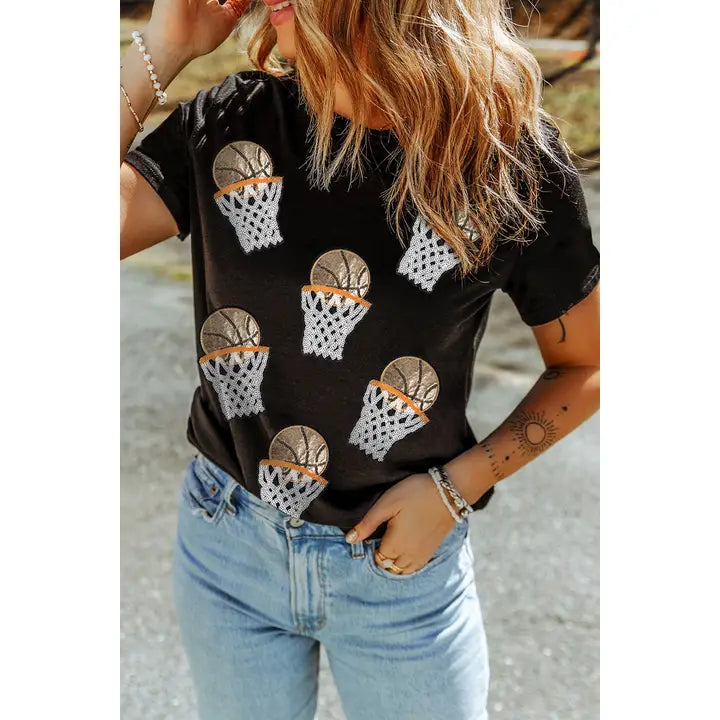 Basketball Patched Sequin Graphic Tee- Black