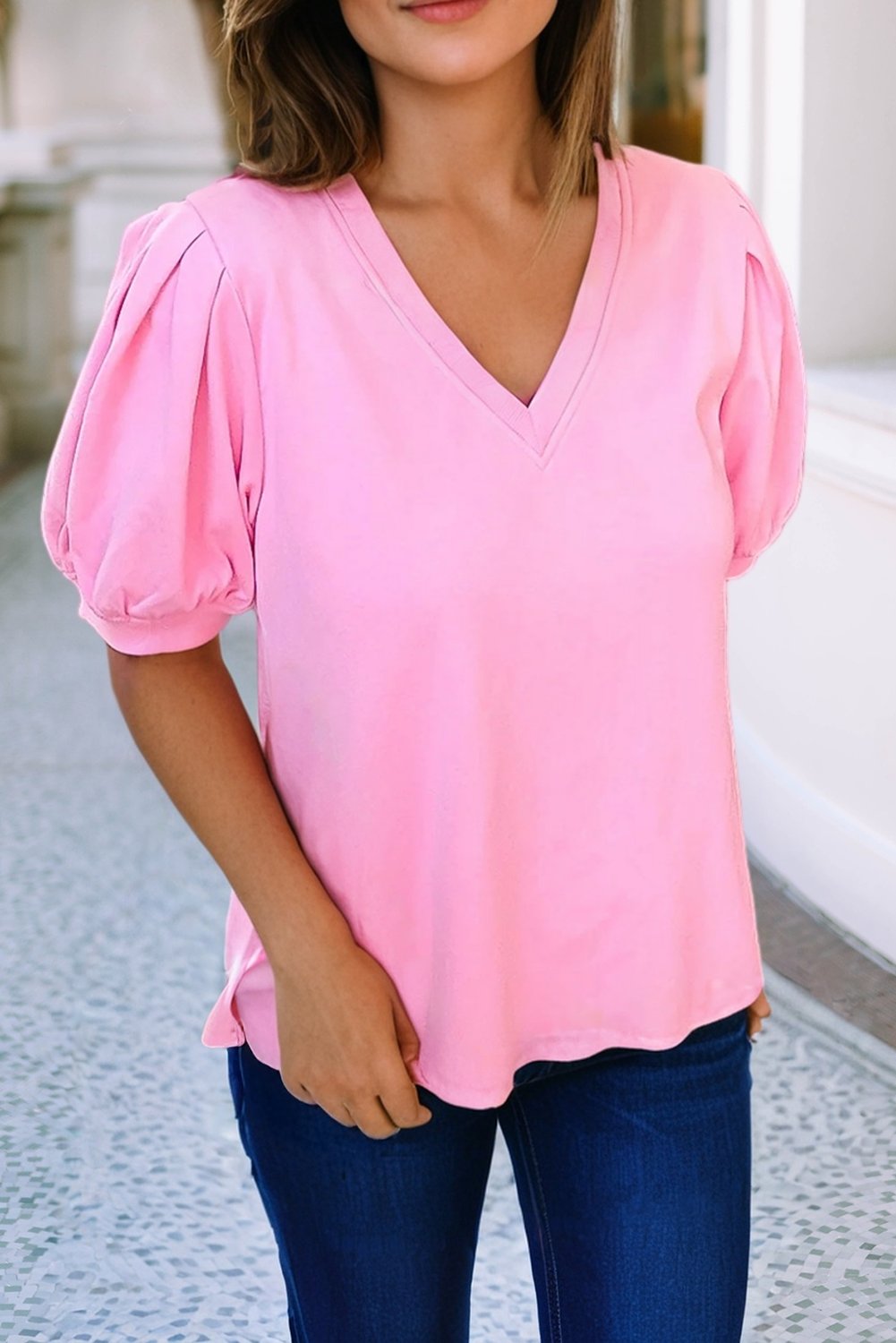 Solid Color V Neck Short Puff Sleeve Blouse