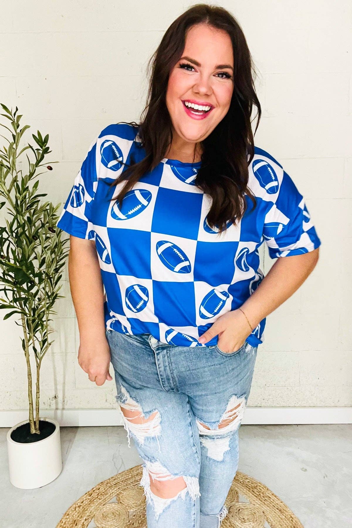 Game Day Football Checker Print Knit Top- Blue