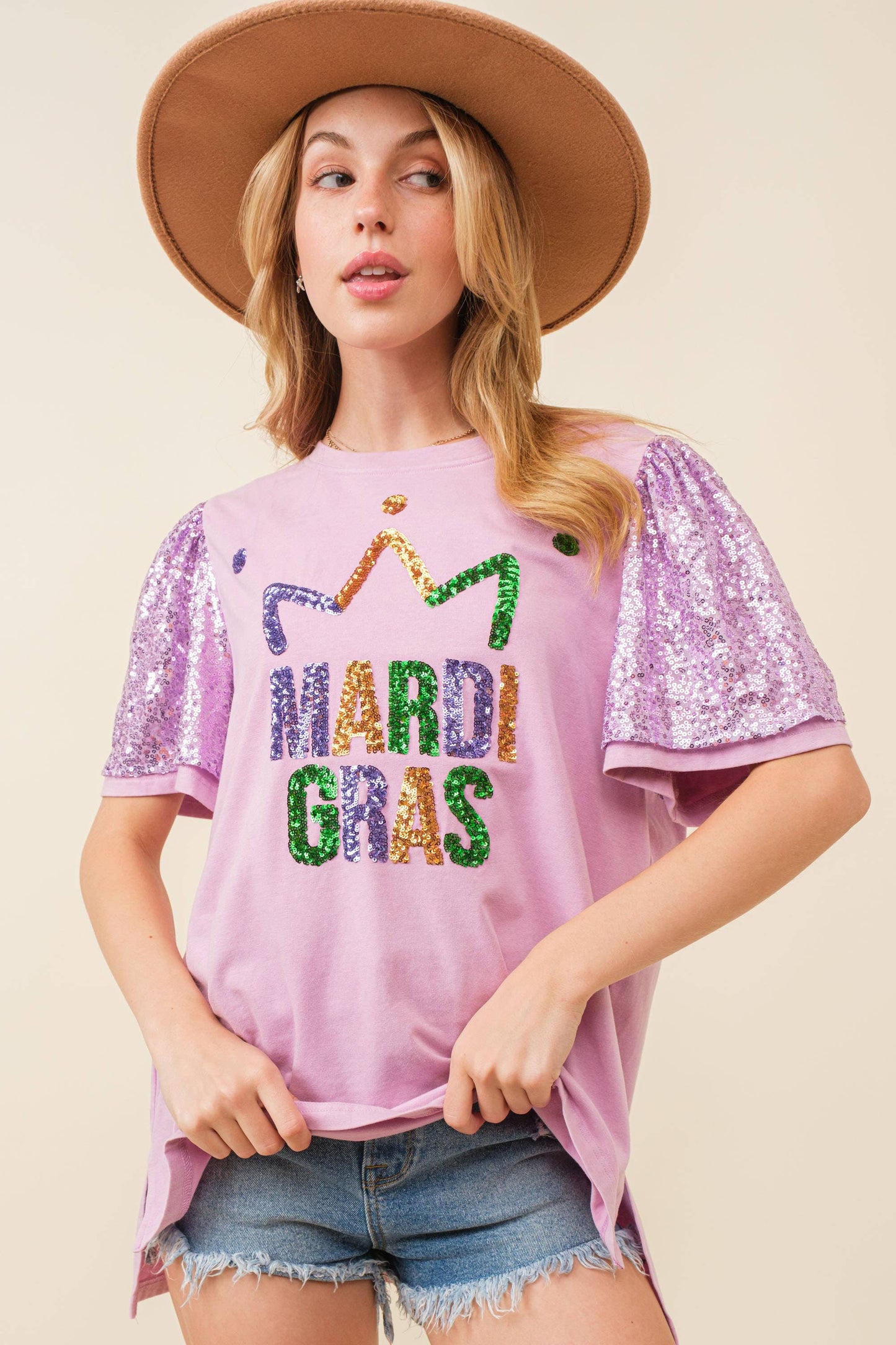 Sequin Mardi Gras Letter Patch T-shirt Top- Lavender