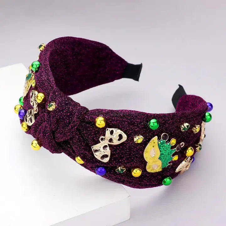 Purple Mardi Gras Mask Crown Sparkle Knot Headband