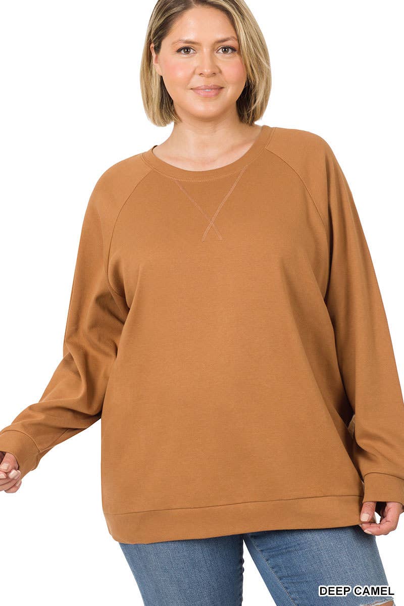 Cotton Raglan Sleeve Pullover Sweater Top Plus Size- Yellow