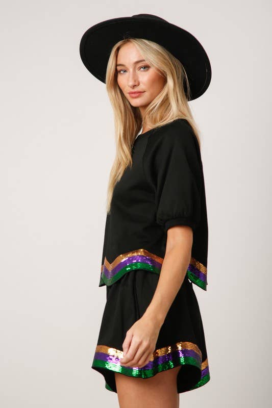 Sequins Stripe Puff Sleeve Crop Top- Red/ White Multi